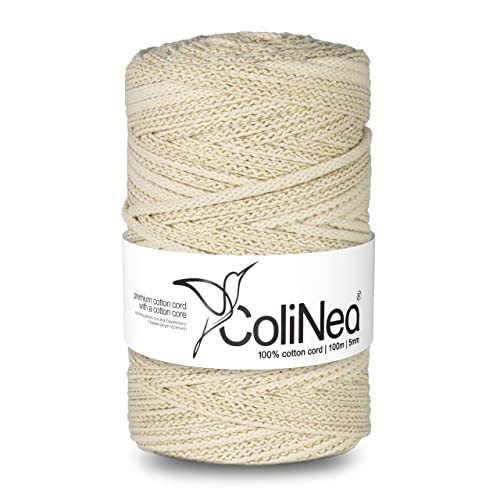 ColiNea Baumwollkordel mit Baumwollkern 5 mm 100m Baumwollgarn DIY Makramee Stricken Cotton Cord Elfenbein + Goldfaden ideal für Makramee Handwerk Baumwollseil für Basteln ColiNea Baumwollkordel mit Baumwollkern 5 mm 100m Baumwollgarn DIY Makramee Stricken Cotton Cord Elfenbein + Goldfaden ideal für Makramee Handwerk Baumwollseil für Basteln von ColiNea