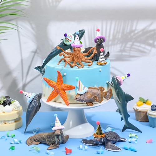 Colingmill 18 Stück Meerestier-Geburtstagsparty-Dekorationen, Mini-Geburtstagshut, Tierfiguren-Modell, Kuchendekoration mit Mini-Hut für Geburtstagsparty, Tiermotiv-Party von Colingmill