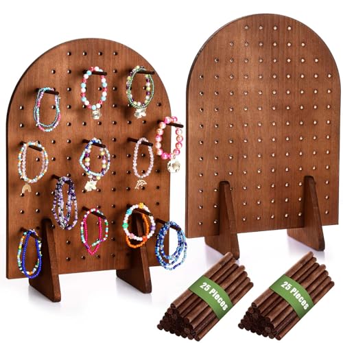 Colingmill 2 Sets Schlüsselanhänger-Präsentationsständer aus Holz mit 25 Dübelstangen, ovaler Armband-Organizer für Schmuck, Bastel-Shows, Halsketten, Verkauf, 40 x 30 cm (Hellbraun) von Colingmill