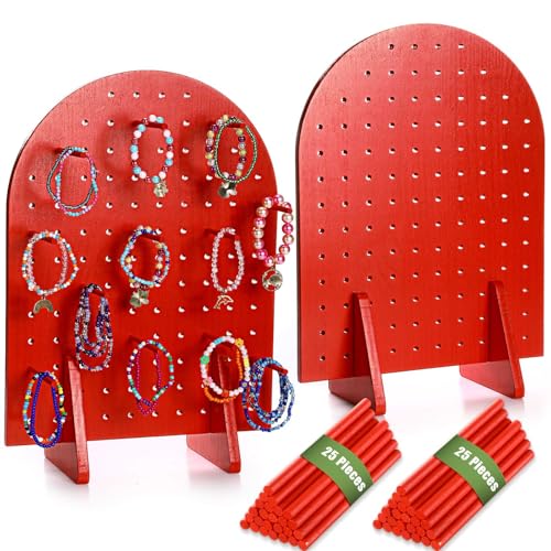 Colingmill 2 Sets Schlüsselanhänger-Präsentationsständer aus Holz mit 25 Dübelstangen, ovaler Armband-Organizer für Schmuck, Bastel-Shows, Halsketten, Verkauf, 40 x 30 cm (rot) von Colingmill