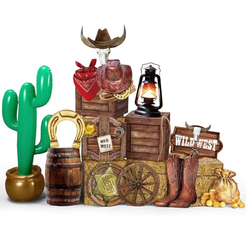 Colingmill 20 Stück Western Cowboy Party Dekorationen Heuballen Strohboxen Aufblasbare Kaktus Cowgirl Karte Hut Hufeisen für Geburtstag Hochzeit Foto Booth Requisiten Cowboy Party Geburtstag Herbst von Colingmill