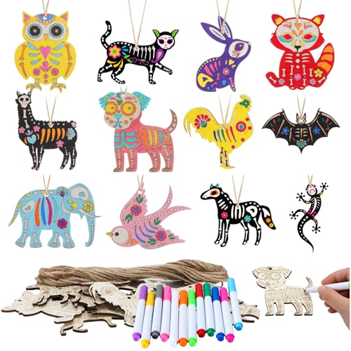 Colingmill 60-teiliges Holz-Bastelset zum Selbermachen, unlackiertes Totenkopf-Ornament, Halloween, zum Aufhängen, blanko, Handwerk mit Seil und Malstift, für Dia De Los Muertos Party-Dekoration von Colingmill