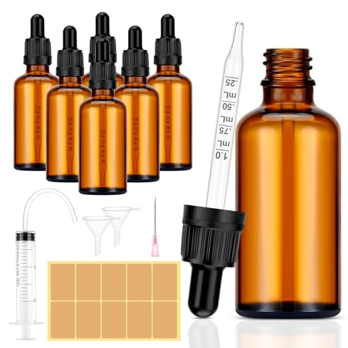 Collazoey 6 pcs 50 ml Pipettenflasche,Inklusive 7 Stk Hilfszubehör,Braunglasflasche,Apothekerflaschen mit Tropfenpipette,für ätherische Öle, Parfümöle, Flüssigfarbstoffen Aromatherapie Mischungen von Collazoey