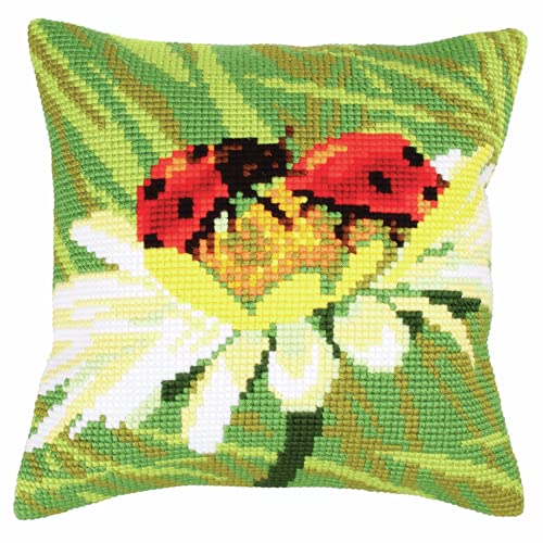 Collection d'Art Marienkäfer auf Kamille Kreuzstichkissen, Baumwolle, Mehrfarbig, 40x40cm von Collection D'Art