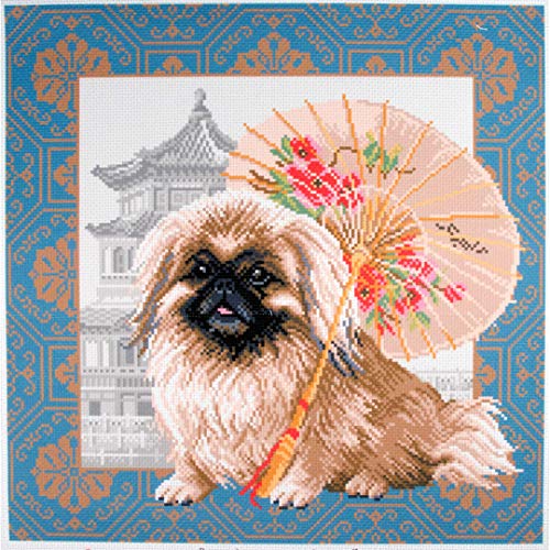 Collection D'Art Pekingese in Peking Bedrucktes Aida für Kreuzstickerei, Baumwolle, Mehrfarbig, 34x34cm von Collection D'Art