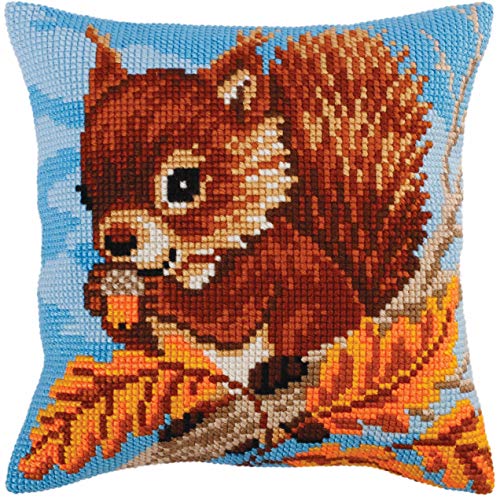 Collection d'Art 5270 Eichhörnchen mit einer Nuss Kreuzstichkissen, Baumwolle, Mehrfarbig, 40x40cm von RTO