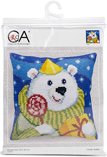 Collection d'Art 5393 Teddy mit Lutscher Stickkissen Kreuzstich-Set, Baumwolle, Mehrfarbig, 40x40cm von Collection D'Art