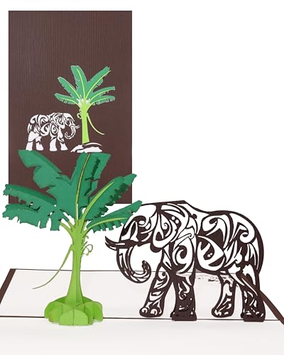 Pop Up Karte Elefant & Bananenbaum, 3D Geburtstagskarte Elefant, Pop Up Geburtstagskarten mit Umschlag, Klappkarten 3D, Zoo Geschenkgutschein, Reisegutschein von Cologne Cards