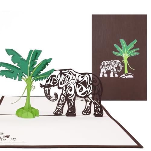 Pop Up Karte Elefant & Bananenbaum, 3D Geburtstagskarte Elefant, Pop Up Geburtstagskarten mit Umschlag, Klappkarten 3D, Zoo Geschenkgutschein, Reisegutschein von Cologne Cards