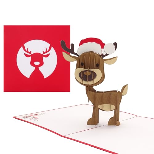 Pop Up Karte Rentier mit Weihnachtsmütze - lustige 3D Weihnachtskarte mit niedlichem Rudolf, Klappkarte zu Weihnachten von Cologne Cards