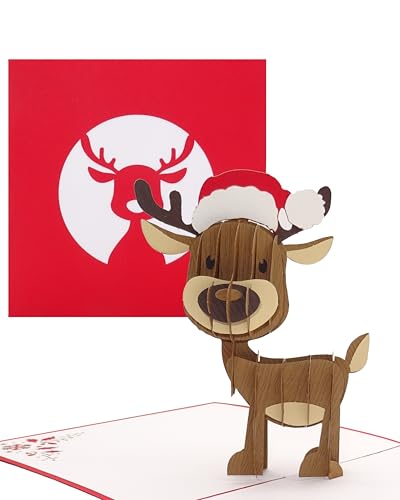 Pop Up Karte Rentier mit Weihnachtsmütze - lustige 3D Weihnachtskarte mit niedlichem Rudolf, Klappkarte zu Weihnachten von Cologne Cards