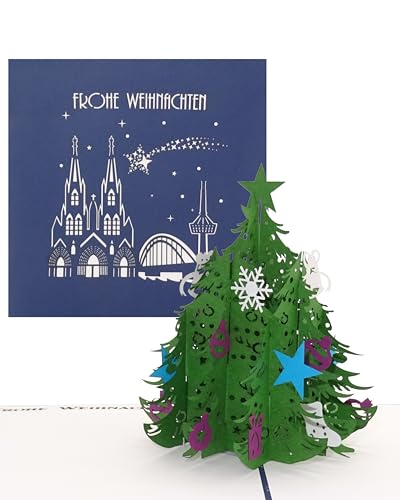 Pop-Up Karte "Tannenbaum | Köln - Frohe Weihnachten" Blau, Kölner Weihnachtskarte, Tannenbaum Köln, 3D Klappkarte mit Umschlag zu Weihnachten, Christmas Greeting Card Cologne von Cologne Cards