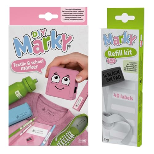 MARKY Stempel Set in Rosa, mit schwarzer Tinte zum Beschriften verschiedener Gegenstände und Kleidung, inkl. 3in1 Nachfüllset mit Stempelkissen, 40 Etiketten und 1 m Thermoband von Colop