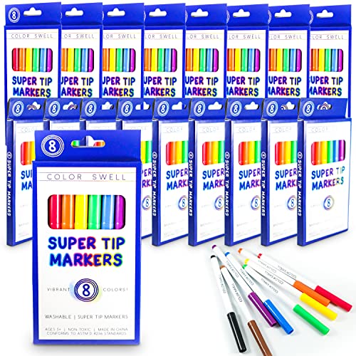 Color Swell Super Spitzen abwaschbare Marker Großpackung 18 Schachteln mit 8 leuchtenden Farben (144 insgesamt) Perfekt für Kinder, Partys, Klassenzimmer von Color Swell