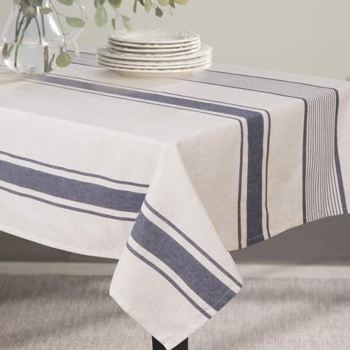 ColorBird Tischdecke mit französischen Streifen, Baumwoll-Leinen-Stoff, staubdicht, Bauernhaus-Tischdecke für Küche, Esszimmer, Party, Brunches (rechteckig/länglich, 140 x 178 cm, Marineblau) von ColorBird
