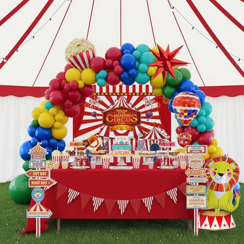 Geburtstagsparty-Dekorationen für Karnevalsmotiv: rot-blau-gelber Ballon und Folien-Heißluft-Popcorn-Löwen-Luftballons, gestreiftes Banner und Hintergrund, Karneval, Zirkus, Straßenschild, Papierkarte von ColorToyz