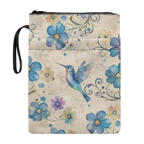 Coloranimal Blie Buchhüllen mit Reißverschluss und Kolibri-Motiv, Reisebuch-Schutztasche für Taschenbücher und Hardcover, waschbare Tasche, Tragetasche mit Fronttasche für Schule, Bibliothek von Coloranimal