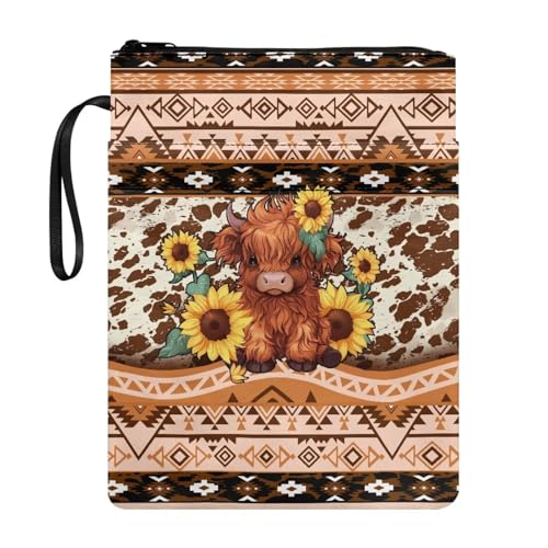 Coloranimal Buchhülle mit Azteken-Sonnenblumen-Motiv, mit Reißverschluss, Buchtasche für Papiertaschen, Hardcover, modische Aufbewahrungstasche mit Vordertaschen, tragbare Hülle für die Schule von Coloranimal