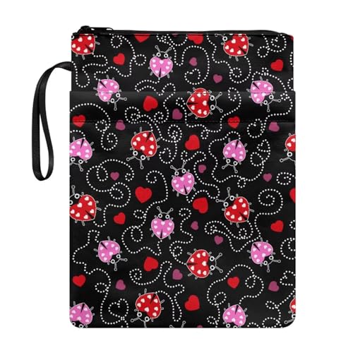 Coloranimal Ladybug Cartoon-Buchhüllen mit Reißverschluss, Reisebuch-Schutztasche für Taschenbücher und Hardcover, waschbare Tasche, Tragetasche, mit Fronttasche für Schule, Bibliothek von Coloranimal