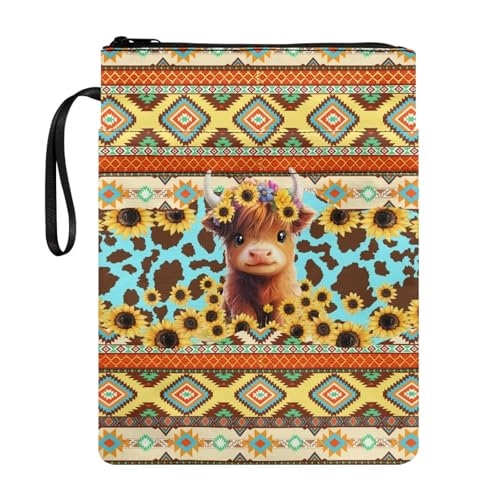 Coloranimal Modische Azteken-Sonnenblumen-Rinder-Druck, mit Reißverschluss, Taschenbuch, leicht, tragbar, Tablet-Tasche, Aufbewahrungstasche mit Vordertaschen Coloranimal Modische Azteken-Sonnenblumen-Rinder-Druck, mit Reißverschluss, Taschenbuch, leicht, tragbar, Tablet-Tasche, Aufbewahrungstasche mit Vordertaschen von Coloranimal