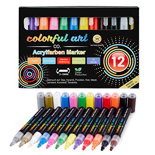 Künstler Acryl-Farbstifte Set - 12 Farben - zum Bemalen von Steinen, Kiesel, Glas, Keramik, Porzellan - extra 2 metallic Acryl Stifte, Rund- und Meißelspitze (3-5 mm) - wasserfest - geruchlos von Colorful Art Co.