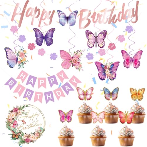 Colorich Geburtstagsdeko Mädchen, Schmetterling Deko Set, Happy Birthday Girlande, Tortendeko Geburtstag, Deko Kindergeburtstag Mädchen Party Dekoration Colorich Geburtstagsdeko Mädchen, Schmetterling Deko Set, Happy Birthday Girlande, Tortendeko Geburtstag, Deko Kindergeburtstag Mädchen Party Dekoration von Colorich ㅤ