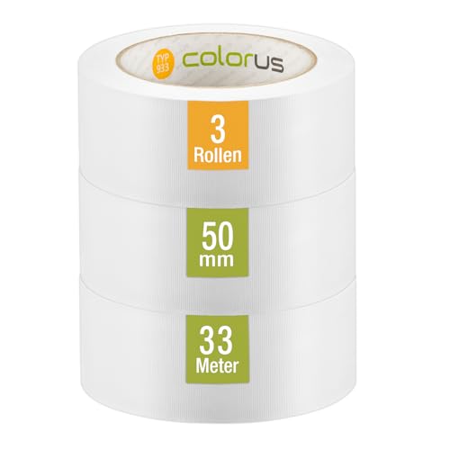 Colorus 3 x PVC-Schutzband PLUS | Putzband 50 mm x 33 m weiß gerillt | Putzerband Abdeckband leicht abreißbar | Klebeband für Innen und Außen | 14 Tage UV-Beständigkeit | Abklebeband Putz von Colorus