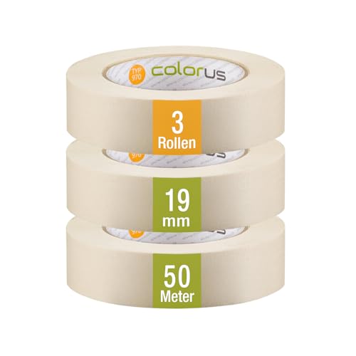 Colorus 3 x Premium Malerkrepp 19mm x 50m | Kreppband Malerband Set Klebeband | sehr robust, hohe Klebekraft | Maler Krepp Abklebeband Abdeckband Klebeband zum Streichen von Colorus