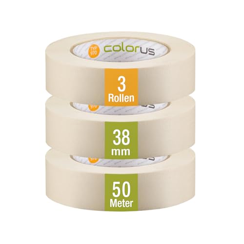 Colorus 3 x Premium Malerkrepp 38mm x 50m | Kreppband Malerband Set Klebeband | sehr robust, hohe Klebekraft | Maler Krepp Abklebeband Abdeckband Klebeband zum Streichen von Colorus