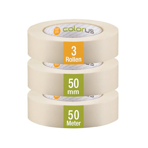 Colorus 3 x Premium Malerkrepp 50mm x 50m | Kreppband Malerband Set Klebeband | sehr robust, hohe Klebekraft | Maler Krepp Abklebeband Abdeckband Klebeband zum Streichen von Colorus