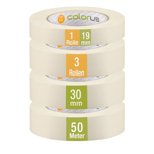 Colorus 4x Malerkrepp Klebeband 50m | 3 Rollen Malerkrepp 30mm und 1 Rolle 19mm Kreppband | Malerband für Abkleben bei Malerarbeiten | Maler Klebeband Set Abklebeband Kreppband Set von Colorus