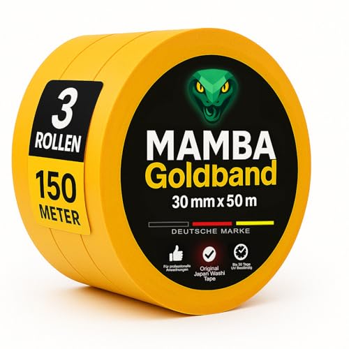 Colorus 3 x Mamba Goldband Klebeband 30mm x 50m | Maler Abklebeband | Kreppband Malerband Klebeband UV beständig | Maler Goldband Klebeband | Lackiererband Malerkrepp Gold von Colorus