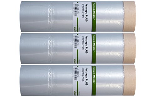Colorus Masker Tape PLUS – 3 Rollen 270 cm x 16 m – Abdeckfolie mit Feinkrepp Klebeband | HDPE Folie selbsthaftend | Malerband für großflächiges Abkleben von Colorus