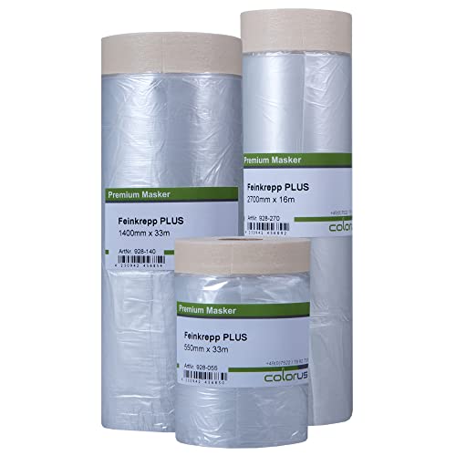 Colorus Profi Malerkrepp Masker Tape Set 82 m | Malerband mit Abdeck-Folie 55 cm, 140 cm, 270 cm | Abklebeband mit Folie für Innen | Abdeckfolie mit Klebeband Set Maler Zubehör von Colorus