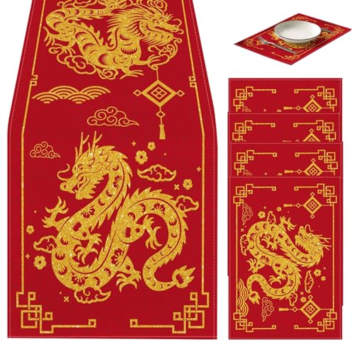Comebachome Chinesische Neujahrsdekorationen 2024 Red Tischläufer mit 4 Tischematen Chinesische Zodiac Dragon Dekorationen für Home Party Spring Festival Neujahrstischdekoration von Comebachome