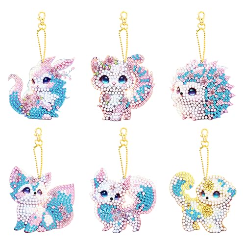 6 Stück Diamond Painting Schlüsselanhänger, Diamant Malerei Schlüsselanhänger Tier-Anhänger, Doppelseitiges DIY 5D Diamond Painting Kinder Mosaik, Mädchen Geschenke (Cartoon-Tier, Fuchs & Igel) von Comforso