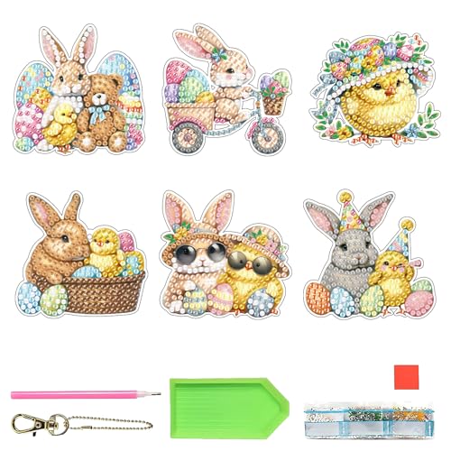 6 Stück Diamond Painting Schlüsselanhänger, Diamant Malerei Schlüsselanhänger Tier-Anhänger, Doppelseitiges DIY 5D Diamond Painting Kinder Mosaik, Mädchen Geschenke (Cartoon-Tier, Küken&Häschen) von Comforso