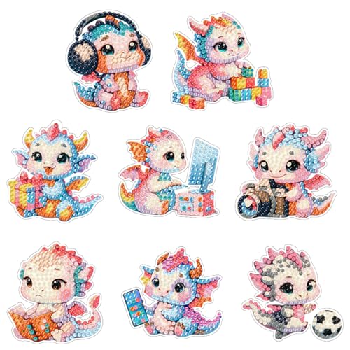 Comforso 8 Stück Diamond Painting Schlüsselanhänger, Diamond Painting Kinder, 5D Diamond Paint Keychain Tier-Anhänger Doppelseitiges DIY Diamants Bilder (1, Kleiner Dicker Drache, Bunt) von Comforso