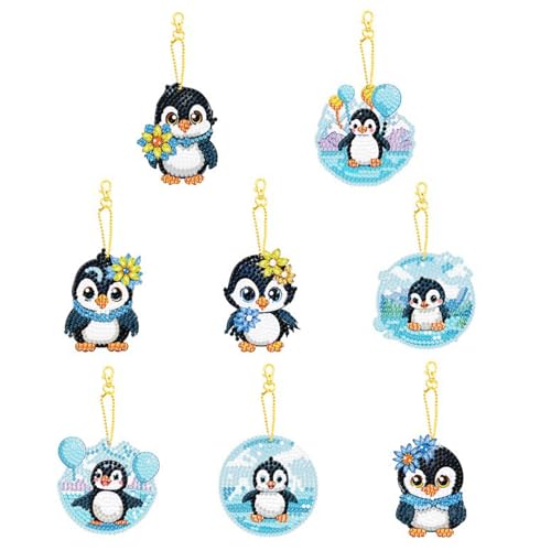 Comforso 8 Stück Diamond Painting Schlüsselanhänger, Diamond Painting Kinder, 5D Diamond Paint Keychain Tier-Anhänger Doppelseitiges DIY Diamants Bilder (1, Pinguin) von Comforso