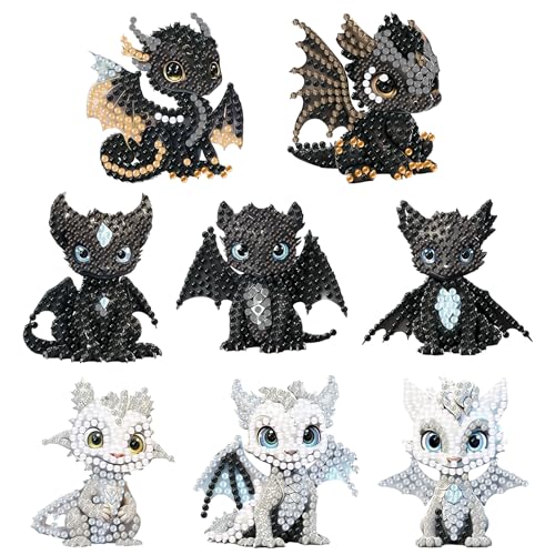 Comforso 8 Stück Diamond Painting Schlüsselanhänger, Diamond Painting Kinder, 5D Diamond Paint Keychain Tier-Anhänger Doppelseitiges DIY Diamants Bilder (1, Schwarz-Weiß Drache) von Comforso