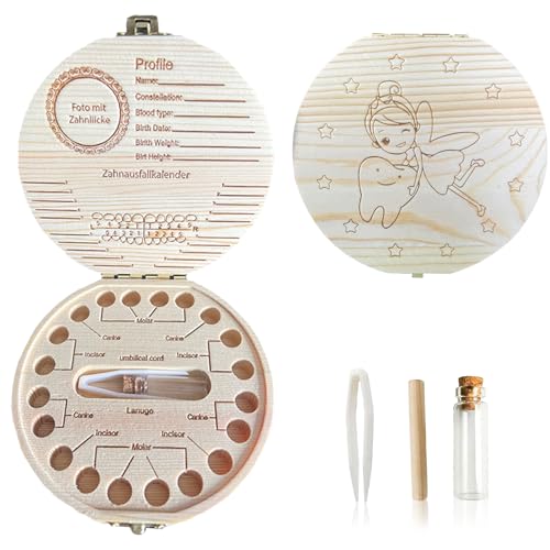 Comforso Zahnbox aus Holz für Milchzähne,Milchzahndose mit Pinzette and Aufbewahrungsflasche für Mädchen Jungen,Erinnerungsbox für Babyzähne zur Taufe für Wackelzähne and erste Zähnchen von Comforso