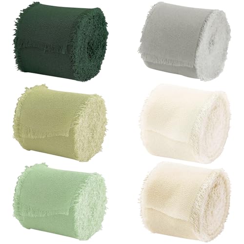 Handgemachtes Chiffonband Set mit Ausgefranste Kanten,6 Rollen 4 cm x 5 m (insgesamt 30 m) Hellgrün Chiffon Seidenband für Feiertagsdekoration Hochzeitssträuße Geschenkverpackungen Heimwerkerarbeiten von Comforso
