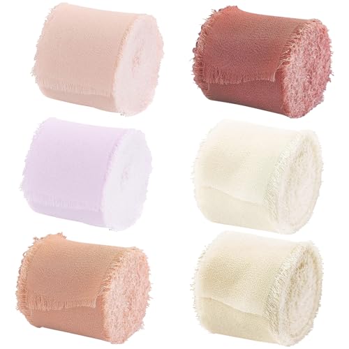 Handgemachtes Chiffonband Set mit Ausgefranste Kanten,6 Rollen 4 cm x 5 m (insgesamt 30 m) Hellrosa Chiffon Seidenband für Feiertagsdekoration Hochzeitssträuße Geschenkverpackungen Heimwerkerarbeiten von Comforso