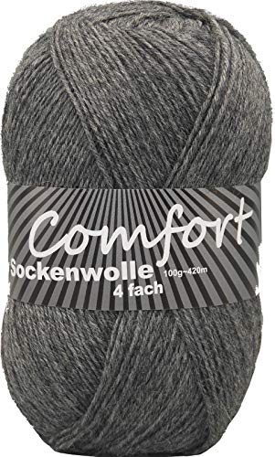 100gr Comfort Sockenwolle Strumpfwolle uni - 4-fädig - 100gr Knäul - 420m Lauflänge - Nadelstärke 2,5-3,0mm-klassiche traditionelle zeitlose Farben (dunkelgrau) von Comfort Wolle
