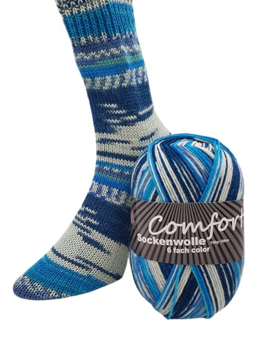 6-fädige Sockenwolle Strumpfwolle Color- Jeansfarben - 150gr Knaul- 375m-Lauflänge - dicke Wolle für besonders warme Socken - dezente Muster direkt aus dem Knaul (5) von Comfort Wolle