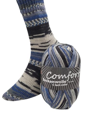 6-fädige Sockenwolle Strumpfwolle Color- Jeansfarben - 150gr Knaul- 375m-Lauflänge - dicke Wolle für besonders warme Socken - dezente Muster direkt aus dem Knaul (6) von Comfort Wolle