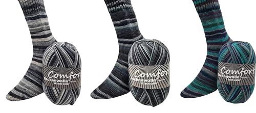 Comfort Wolle 6-fädige Sockenwolle, Strumpfwolle, Farbe Jeansfarben, 3 x 150 g Knaul, 375 m Länge, dicke Wolle für besonders warme Socken, dezentes Muster direkt aus der Knaul, Farbset Set 1 von Comfort Wolle