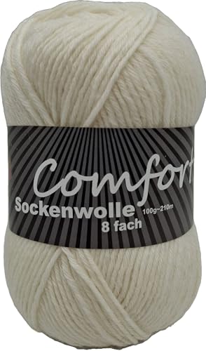 8-fädige Sockenwolle Strumpfwolle Uni – besonders warmes dickes Strumpfgarn - 100gr Knäul – 210 m Lauflänge - Nadelstärke 4,5-5,5 mm-Klassiche traditionelle Zeitlose Farben (rohweiss 891) von Comfort Wolle