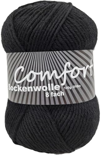 8-fädige Sockenwolle Strumpfwolle Uni – besonders warmes dickes Strumpfgarn - 100gr Knäul – 210 m Lauflänge - Nadelstärke 4,5-5,5 mm-Klassiche traditionelle Zeitlose Farben (schwarz 896) von Comfort Wolle