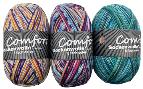Comfort Wolle 6-fädige Sockenwolle, Strumpfwolle, Farbe Jeansfarben, 3 x 150 g Knaul, 375 m Länge, dicke Wolle für besonders warme Socken, dezentes Muster direkt aus der Knaul, Farbset Set 1 Comfort Wolle 6-fädige Sockenwolle, Strumpfwolle, Farbe Jeansfarben, 3 x 150 g Knaul, 375 m Länge, dicke Wolle für besonders warme Socken, dezentes Muster direkt aus der Knaul, Farbset Set 1 von Comfort Wolle